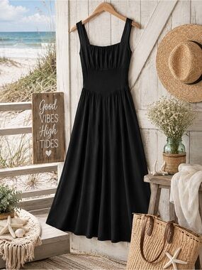Black Sleeveless Maxi Dress with Gathered Bodice - Womens